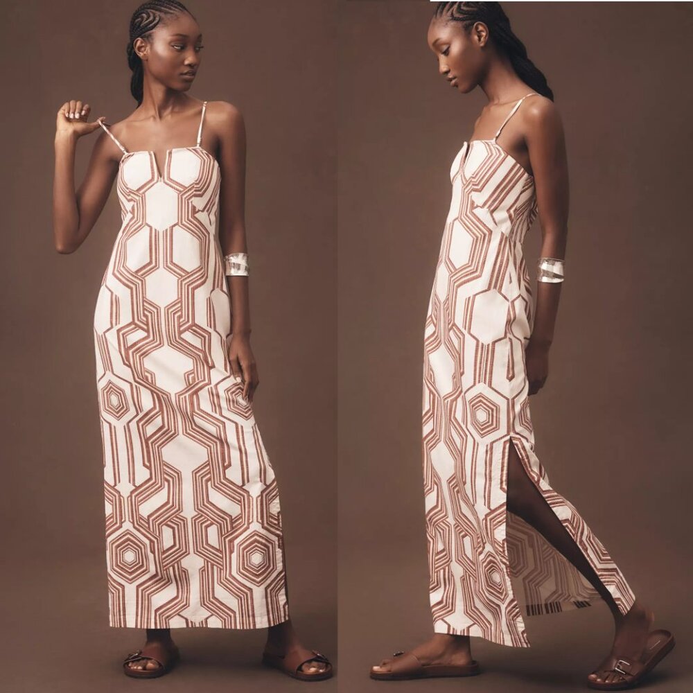 By Anthropologie Strapless Linen Plunge-Neck Midi Dress size 16 new honey color